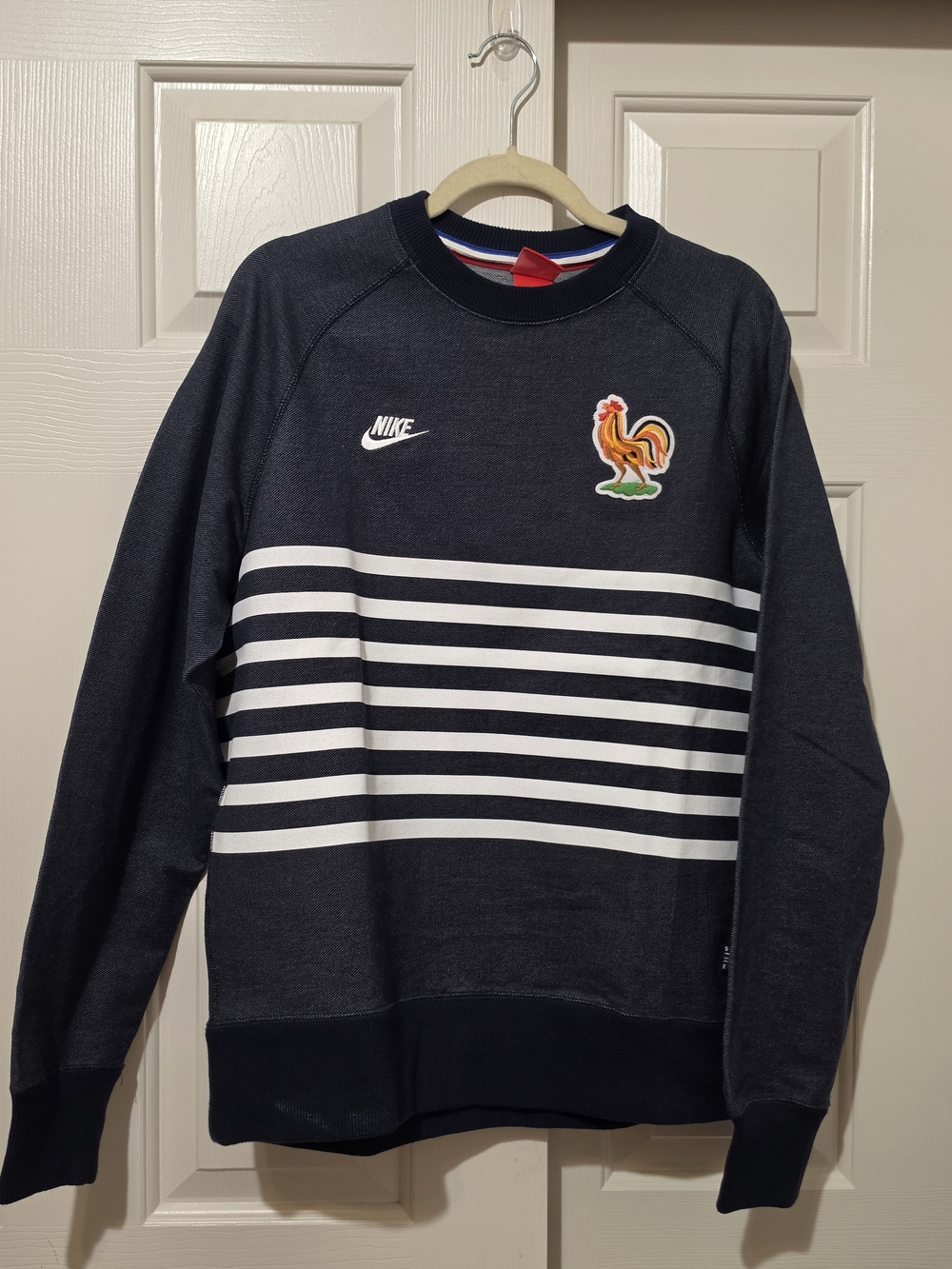 Nike Men’s Dark Navy Crewneck Sweater with White Stripes & Rooster Patch